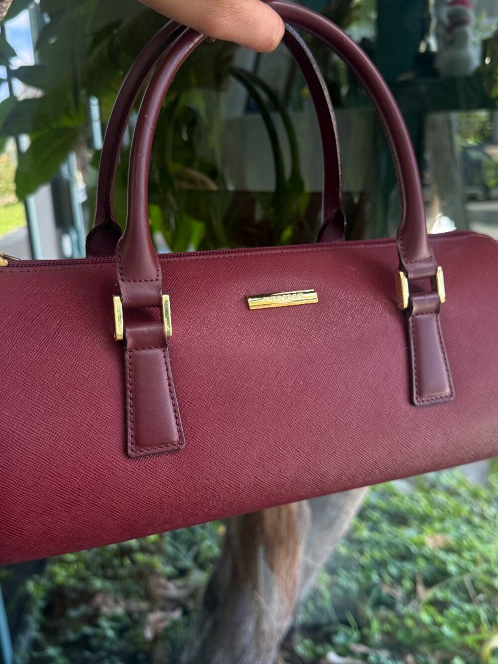 Burberry Nova Check Top Handle Bag Burgundy Saffiano Leather Gold Hardware
